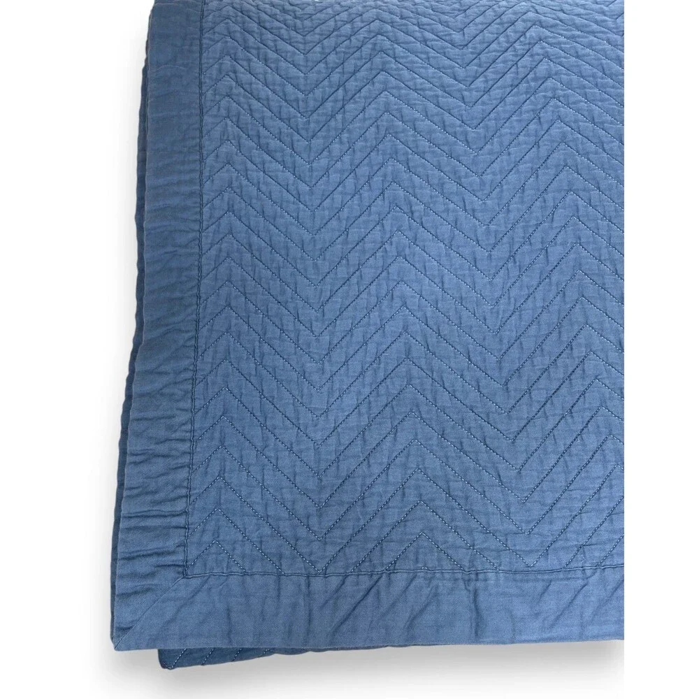 Frette King Quilt Coverlet Blue Cotton Chevron Light 106x102 Read